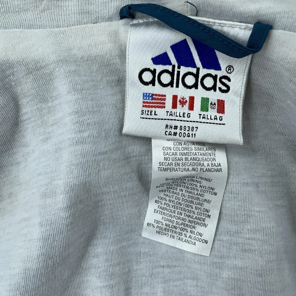 Vtg Adidas Hooded Windbreaker Jacket Mens L CROP FIT Blue Green Zip Three Stripe